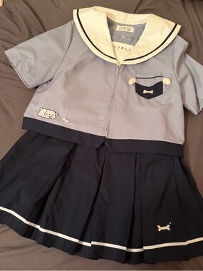 JK Kawaii Sailor-Collar Mini Dress in Light Blue & Navy - Cute Dog Accent